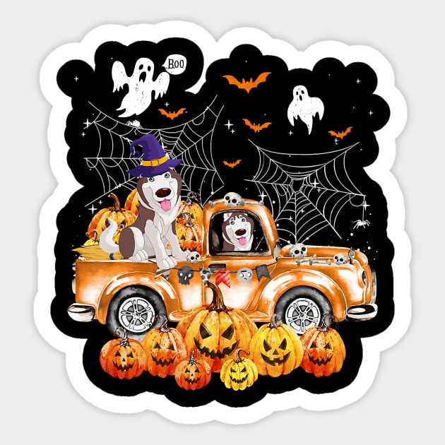 Husky Dog On Pumpkins Truck Autumn Halloween Sticker by JaydeMargulies